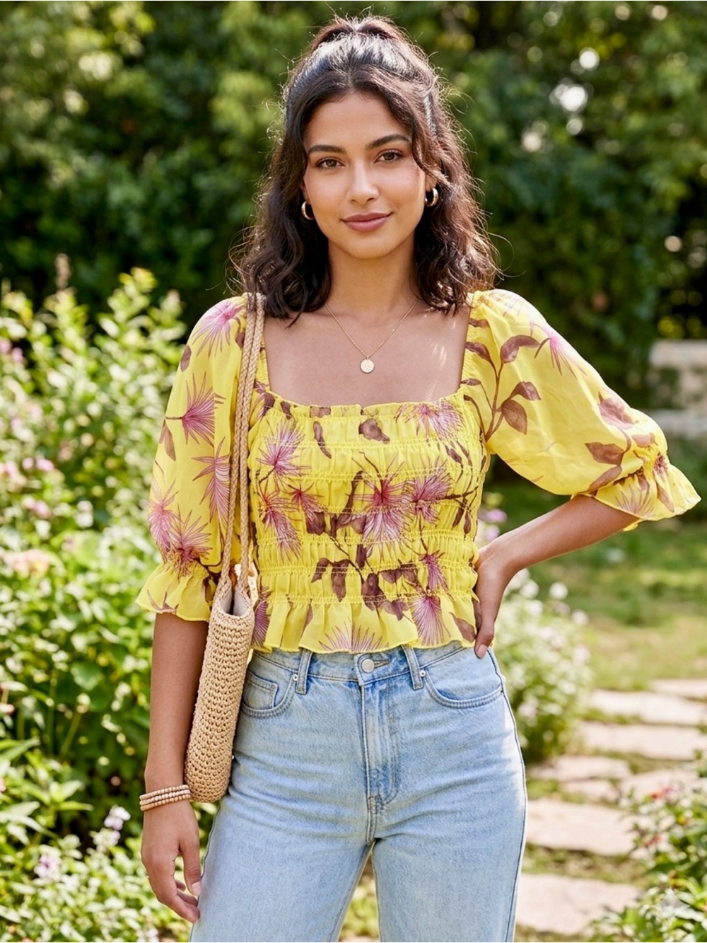 Timing Yellow Floral Smocked Square-Neck Crop Top Size M